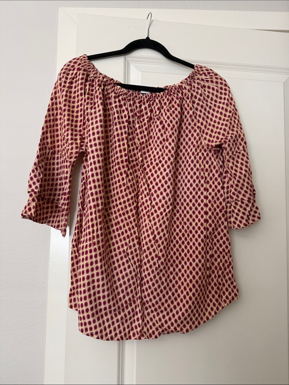 Women’s Off-Shoulder Dot Print Blouse - Cream and Burgundy